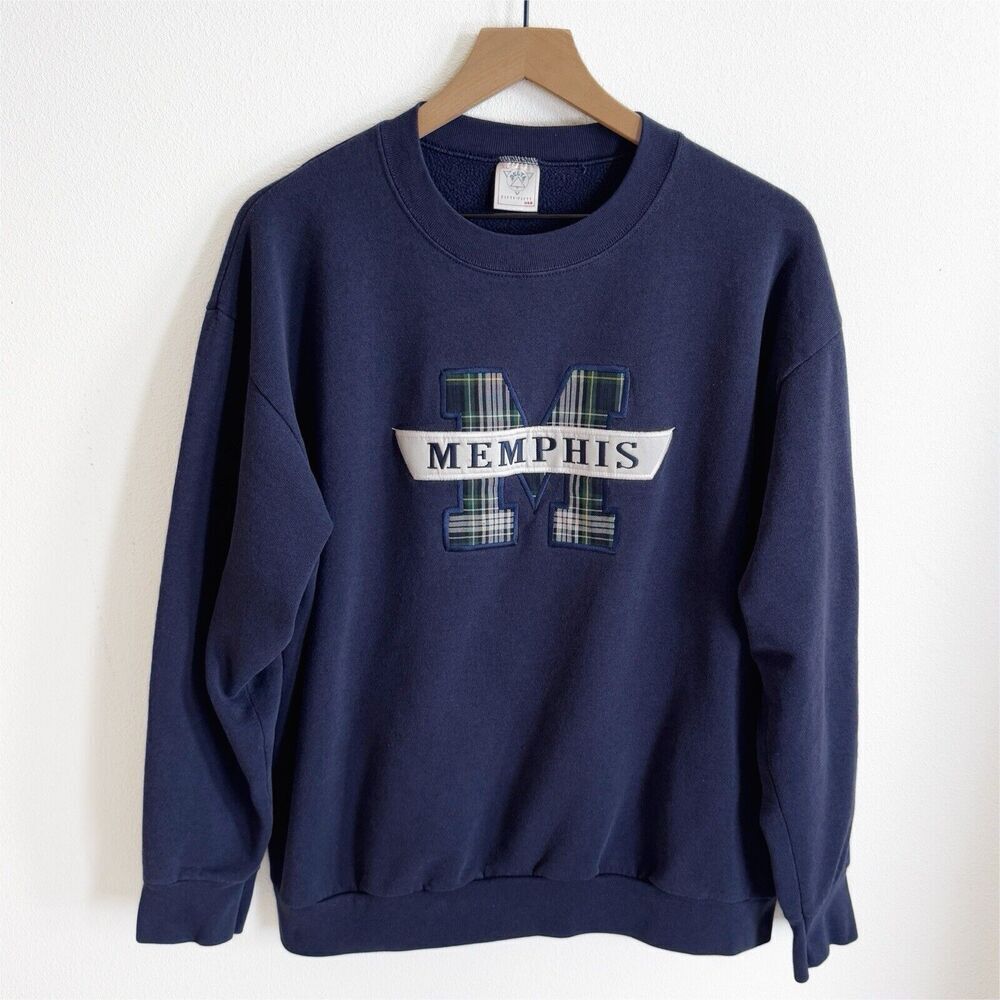 Vtg Delta Fifty Fifty Memphis Sweatshirt Mens XL Navy Tartan Plaid "M" Retro USA